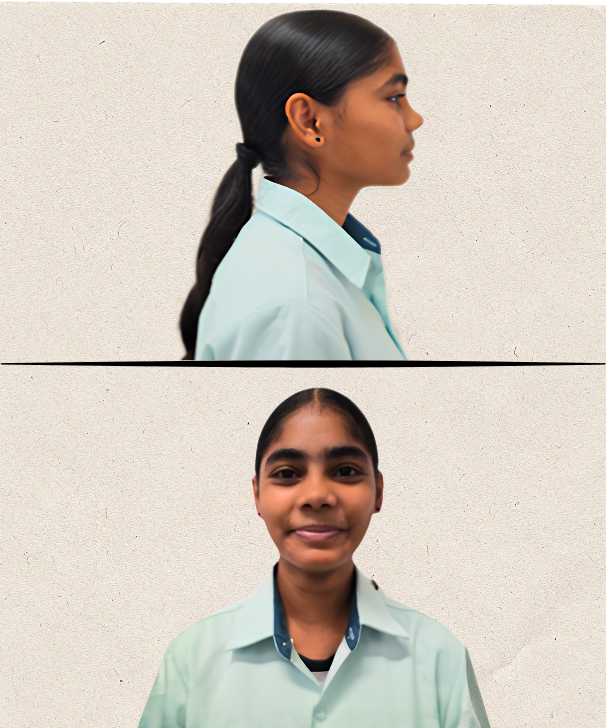 A two-panel portrait on a light textured background illustrating female grooming standards. The top panel shows a side profile view of a female student with long hair gathered into a neat low ponytail. The bottom panel shows a front-facing portrait of the student with hair pulled back cleanly off the face, wearing a light green collared school shirt.